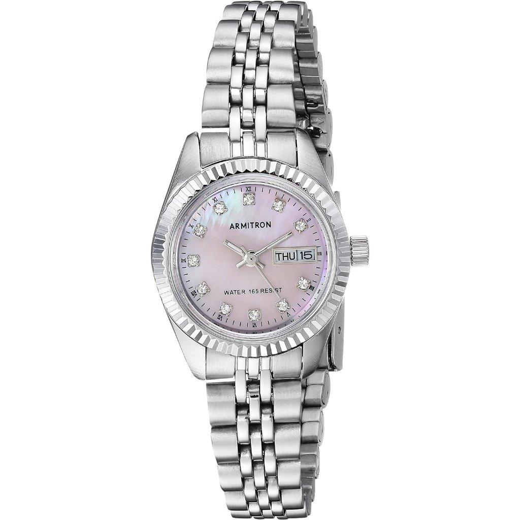 Womens Day Date Crystal Water Resistant Accented Dial Metal Bracelet Watch